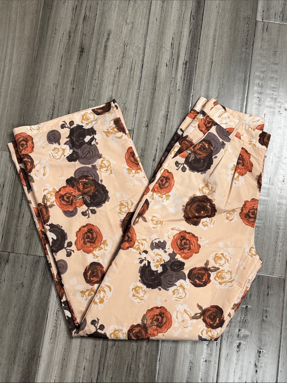 BAILEY ROSE FLORAL HIGH RISE WIDE LEG TROUSER PANTS CREAM BROWN ROSES SIZE MED - Picture 5 of 11